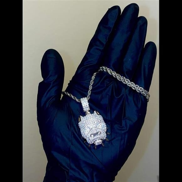 925 Italy Iced Silver Bull Dog Charm Ice Out Pendant 2 mm Rope Necklace